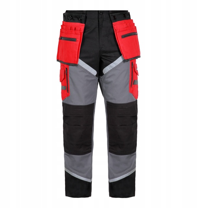 Pantaloni de lucru Lahti Pro, L4050501, 24 de buzunare, benzi reflectorizante, negru-gri-rosu, bumbac, 3XL