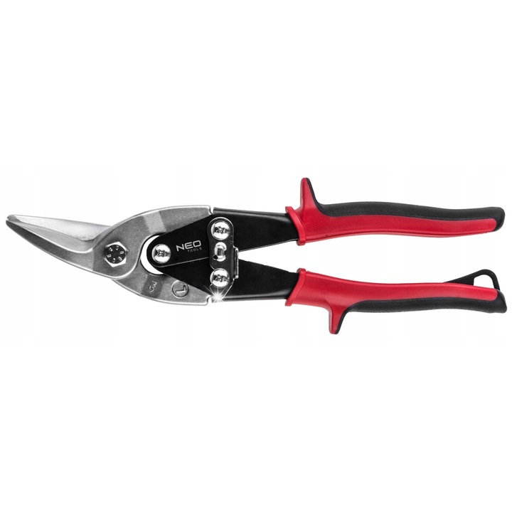 Ножици за ламарина NEO Tools 31-060, лява, закалена хром-молибденова стомана, макс. дебелина на рязане 1.2мм, двукомпонентна дръжка, червено/черно, 250мм