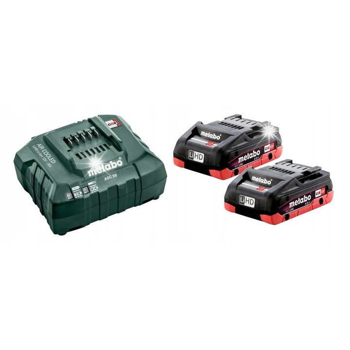Set acumulatori Metabo LiHD 18 V 4.0 Ah, ASC 55, incarcare rapida Air Cooled, indicator capacitate, compatibil 12-36 V, Multicolor, 2 x 4 Ah + 1 incarcator
