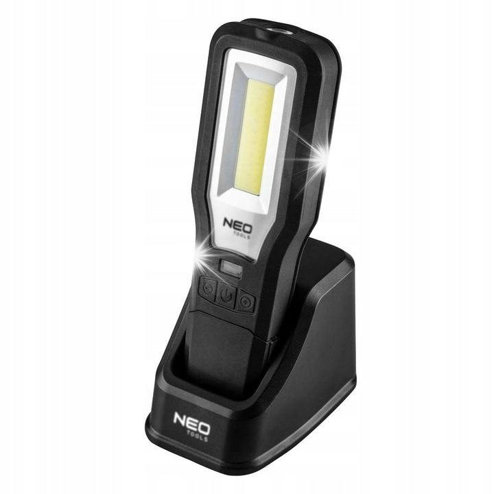 NEO TOOLS 99-071 műhelylámpa, COB LED 550 lm, zseblámpa 150 lm, power bank funkció, 360°-ban forgatható fej, talp és töltő mellékelve, Fekete