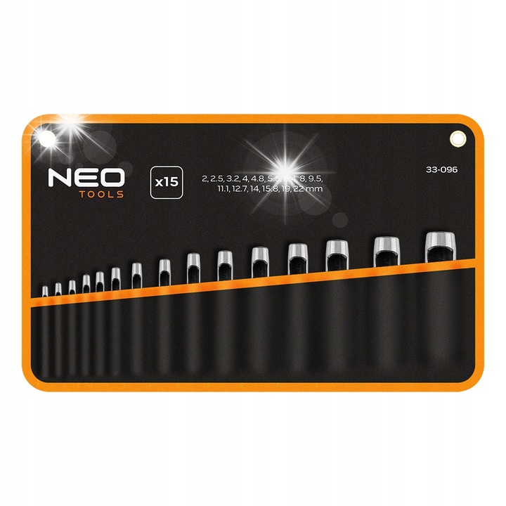 NEO TOOLS 33-096 lyukasztó készlet, bőrhöz, 2-22 mm átmérő, tokkal együtt, Fekete/Narancssárga, 15 darab