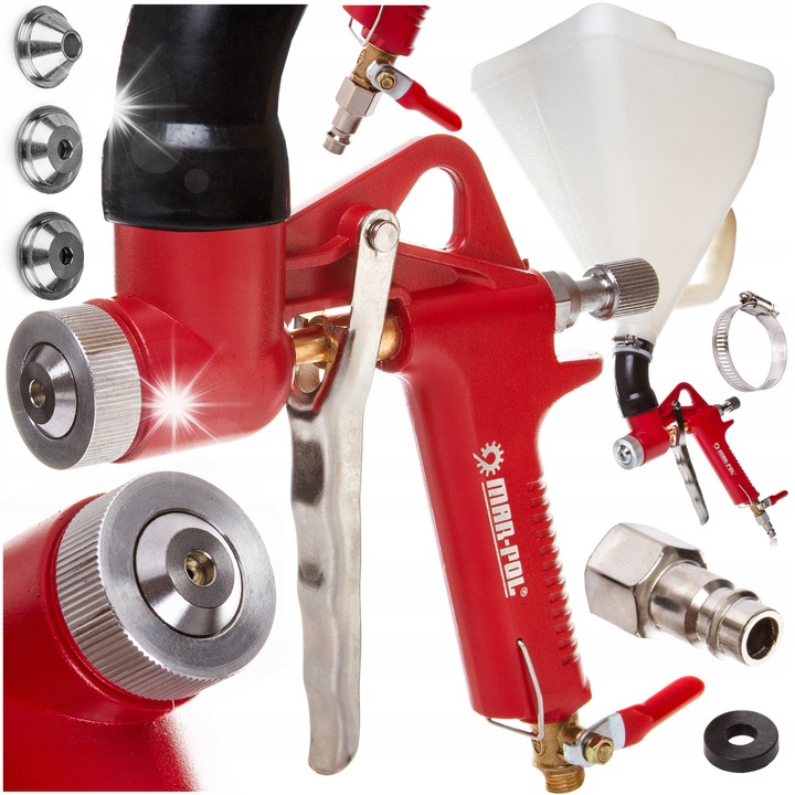 Pistol pneumatic pentru tencuiala Mar-Pol 8L, cu duze 4/6/8 mm, presiune de lucru 2-4 bar, latime jet 160-230 mm, consum aer 100-250 l/min, rosu, 1 buc