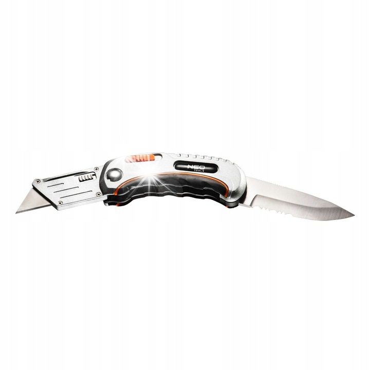 Cutit universal pliabil NEO TOOLS 63-710, lama trapez si lama monterski, maner bi-material, latime lama 20 mm, 5 lame incluse, husa din nylon, argintiu/negru, 1 buc