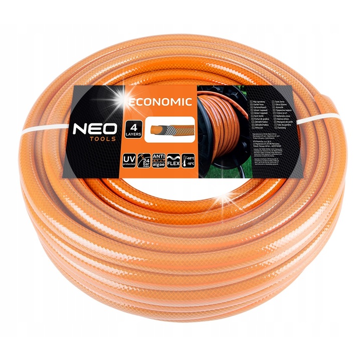 Neo Tools Economic 4 rétegű kerti tömlő, poliészter szállal erősített, UV-álló, 24 bar nyomás, 1/2", narancssárga, 30 m