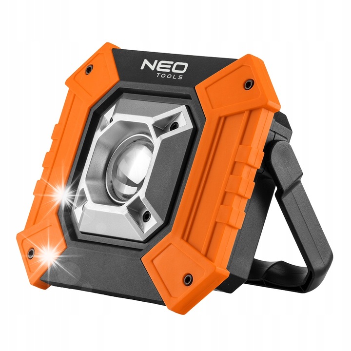 NEO TOOLS 99-038 hordozható LED projektor / munkalámpa, COB 10W 750 lm, 3 mód (100%/50%/stroboszkóp), power bank funkció, 3x AA tápellátás, fekete/narancs, 1 db