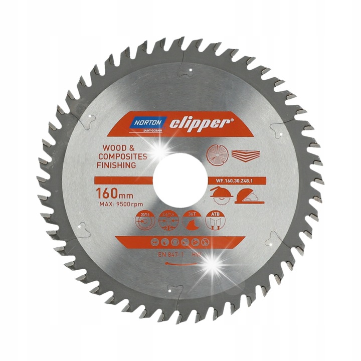Disc ferastrau circular/panza circulara Norton Clipper, 160 mm, 30/16 mm, 48 dinti ATB, dinti din carbura, grosime 2,6/1,6 mm, argintiu, 1 buc