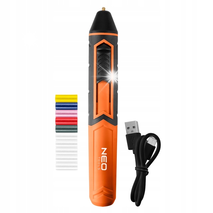 Пистолет за силикон NEO TOOLS 17-085, безжичен, USB, батерия 2000 mAh, съвместим с пръчки 8 мм, с 10 цветни пръчки, оранжев/черен, 1 комплект