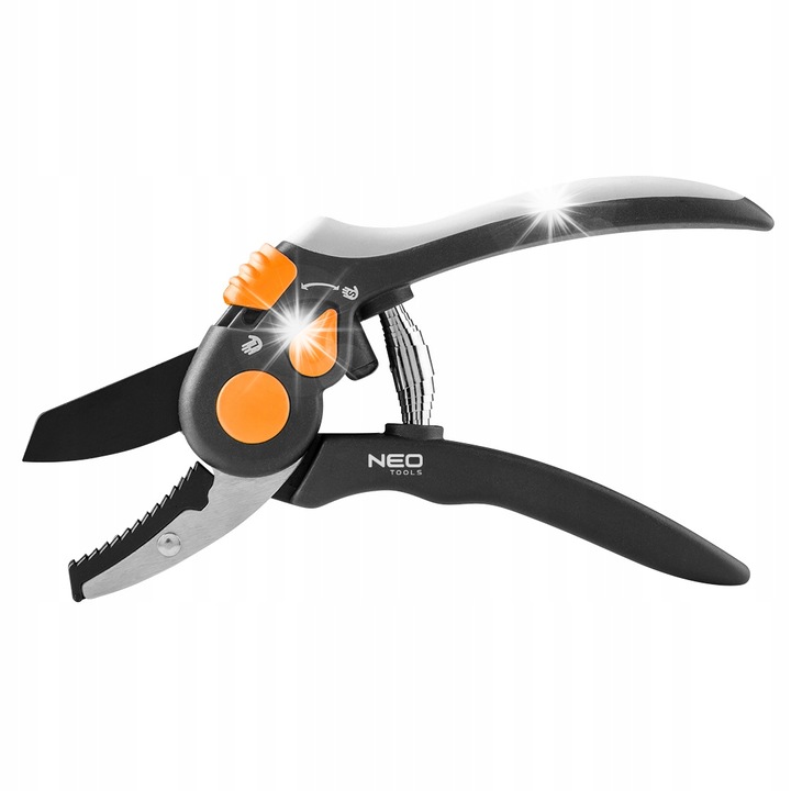 NEO Tools 15-203 üllő típusú kerti metszőolló, állítható, edzett acél PTFE bevonatú penge, ergonomikus gumírozott markolat, fekete/narancssárga, 1 db