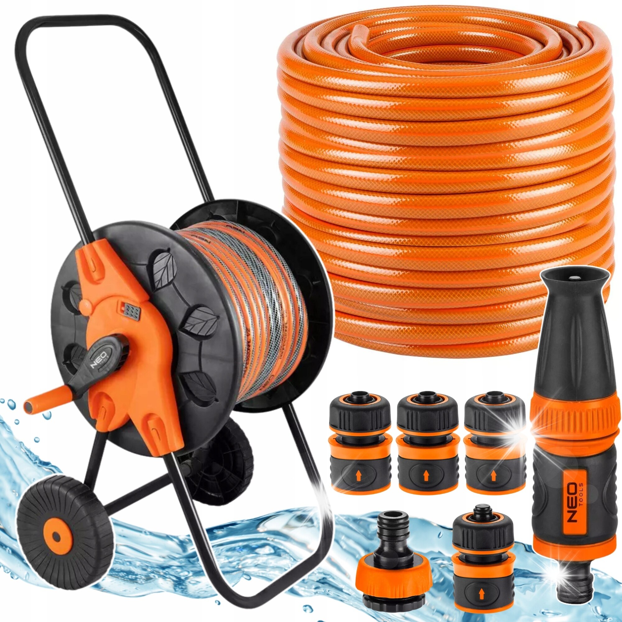 Set irigare NEO TOOLS furtun gradina 1/2" 4 straturi, tambur metalic cu ...