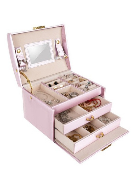 Cutie de bijuterii BEAUTYLUSHH, 20 compartimente, 2 sertare, inchidere cu cheie, oglinda, 13 x 13.7 x 17.5 cm, Plastic, Roz