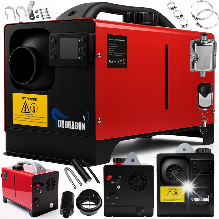 Дизелов нагревател Ondragon ON 12/230V 9 kW, захранване 12V/230V, LCD дисплей, дистанционно управление, компактен, червен, 1 бр