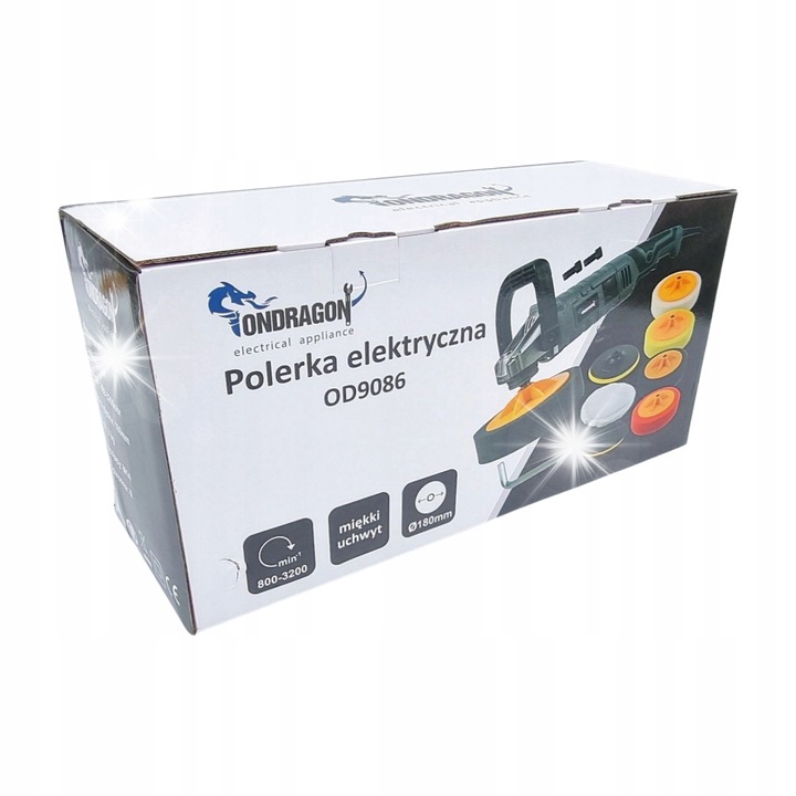 Elektromos polírozó ONDRAGON OD9086, 2700W, 6 fokozatú fordulatszám-szabályozás 800-3200 ford./perc, O180 mm, M14 menet, 5 polírozó szivacs és filc pad készlet, Fekete, 1 db
