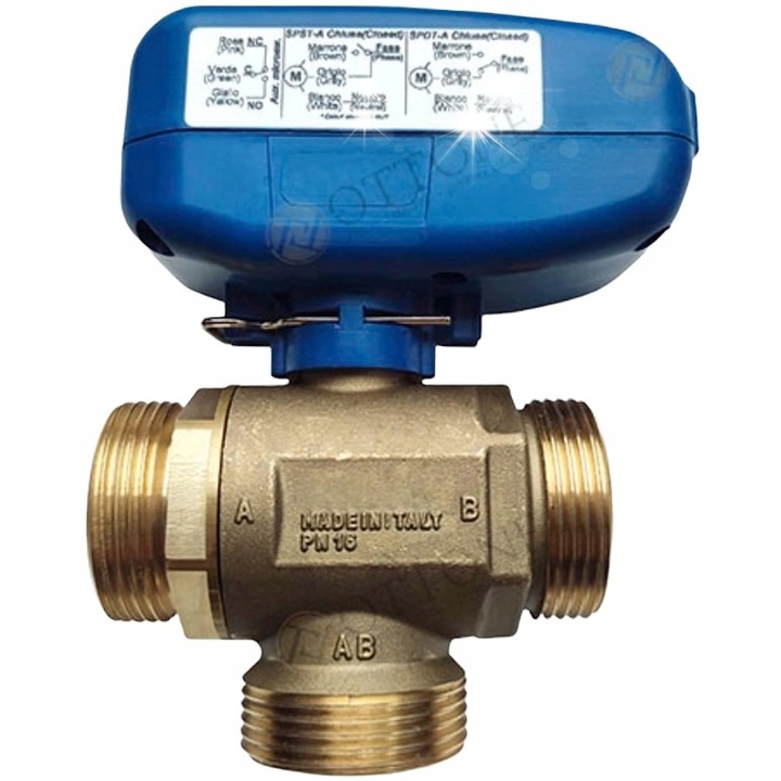 3-utas zónaváltó szelep Ottone 5/4'' GZ, Kvs kapacitás 15,5 m3/h, elektromos működtetés 230 V SPST, sárgaréz