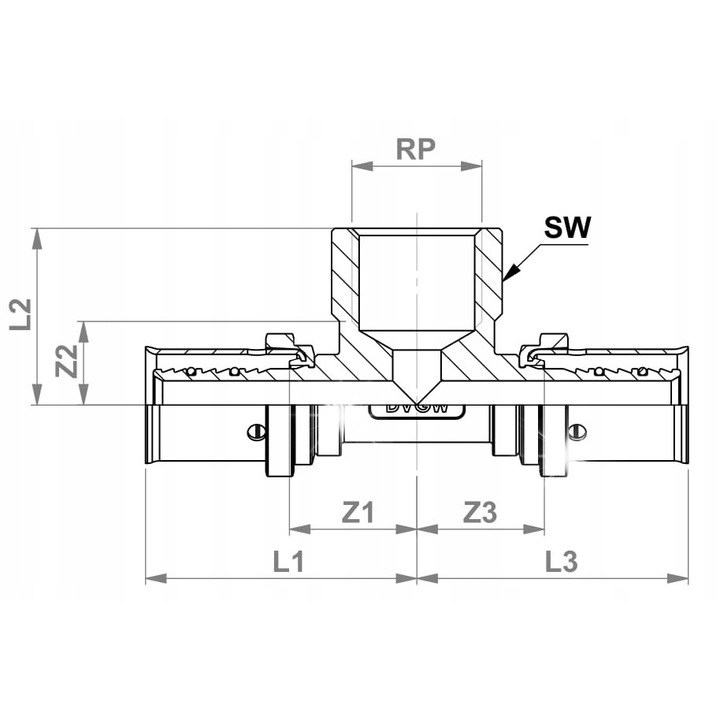 Racord in T presat (teu) Pipelife Radopress 32 x 1/2" x 32, cu filet interior 1/2", pentru tevi PE-X/Al/PE-X, rezistent pana la 95°C, 10 bar, alama, 1 buc