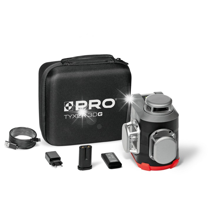 TYXER 3DG Pro többsoros lézer, 3x360°-os önszintező mágneses ingával, impulzus üzemmód detektorhoz, IP54, zöld, 30m