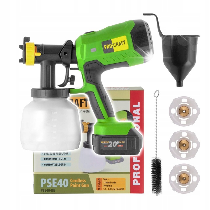 Procraft PSE40 BODY festékpisztoly, vezeték nélküli, 20V, 2,0/2,5 mm fúvókák, zöld/fekete, 1 db