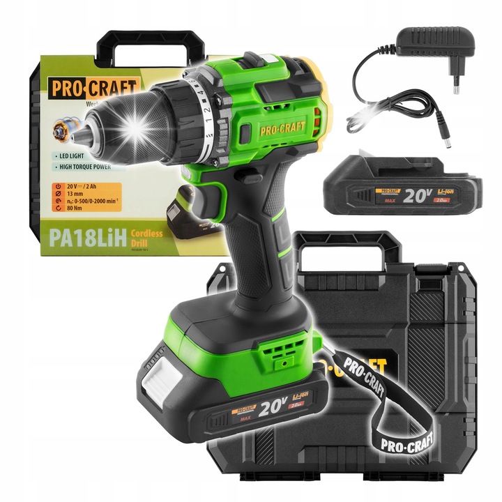 Akkumulátoros fúrócsavarozó Procraft PA18LiH-1B-C, 20V, 80 Nm, szénkefe nélküli motor, 2Ah akkumulátor, beépített LED, 13 mm-es fém tokmány, zöld/fekete, 1 szett