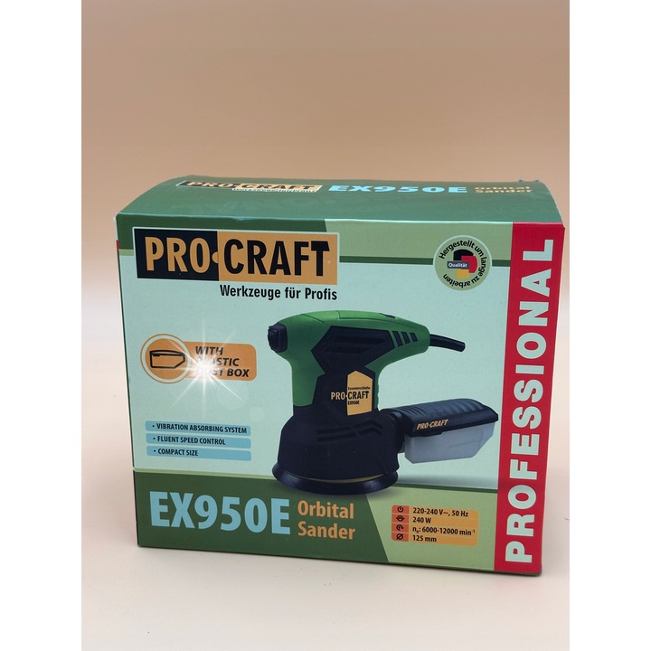 Excentercsiszoló, Procraft EX950E, 240 W, 125 mm-es tárcsa, sebességszabályozás és porgyűjtő tartály, zöld/fekete, 1,5 kg