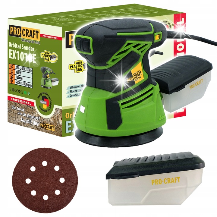 Procraft EX1010E 350W 125mm excentercsiszoló, szabályozható, porelszívó rendszerrel, 1.5kg