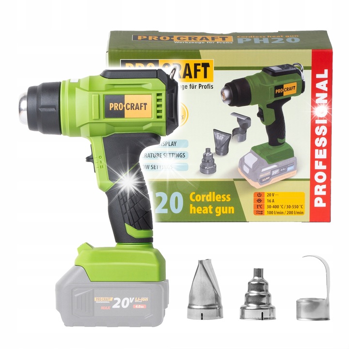 Procraft PH20BB forrólevegős pisztoly, akkus 20V, 2 fokozat, hőmérséklet 30–550°C, légáram 100/200 l/perc, 3 fúvóka, akkumulátor és töltő nélkül, zöld, 1 db
