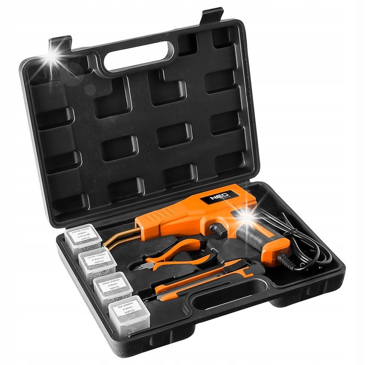 Пистолет за запояване на пластмаса NEO TOOLS 19-158, 50 W, включва 200 скоби в 4 форми, оранжево/черно, 203 части