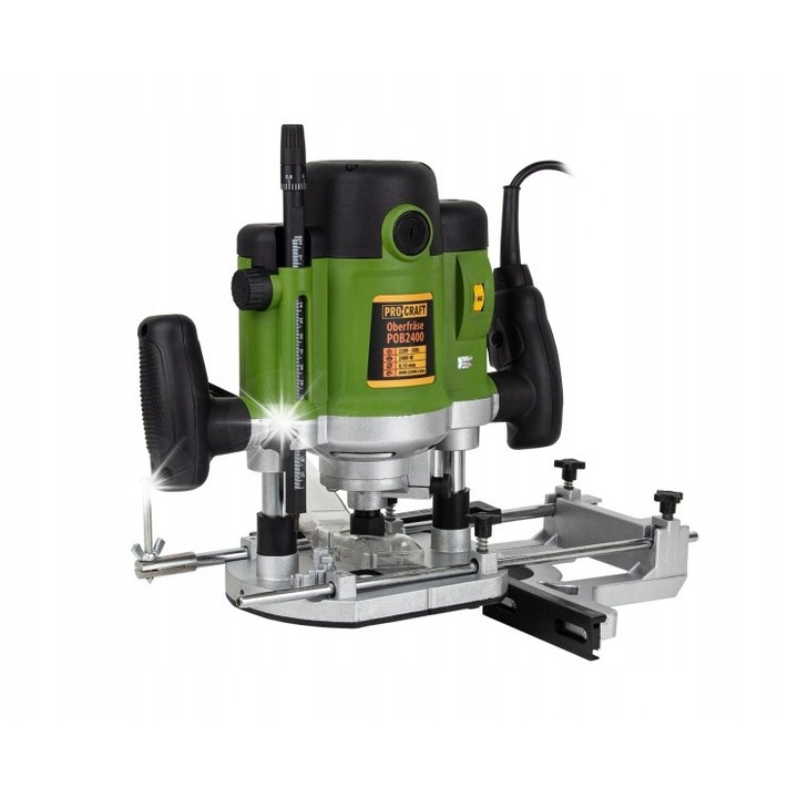 Kézi felsőmaró Procraft POB2400, frezarka, 2000 W, fordulatszám 8.000-23.000 rpm, befogás 8/12 mm, 12 marófej és tartozék készlet, zöld/fekete, 1 db