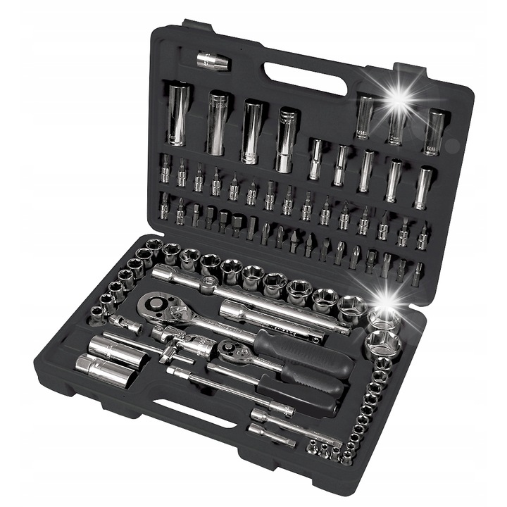 Proline 48794 dugókulcs és bit készlet, króm-vanádium acélból, 1/4 és 1/2 mérethez, tartalmaz hosszú és rövid dugókulcsokat, Torx/PH/PZ/hex biteket, króm/fekete, 94 darab