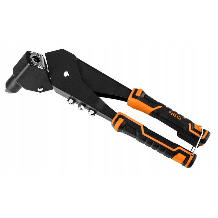 NEO TOOLS szegecselő 18-102-1, acél és alumínium szegecsekhez 2.4/3.2/4.0/4.8 mm, 360°-ban forgatható fej, alumínium test, Fekete/Narancssárga, 1 db