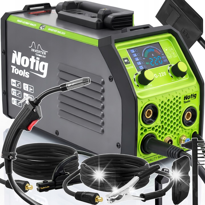 Inverter hegesztőgép Notig Tools G-220 MIG FLUX/MMA/TIG 20-220A, IGBT, Hot Start, Anti-Stick, VRD, LCD, zöld/szürke, 1 db