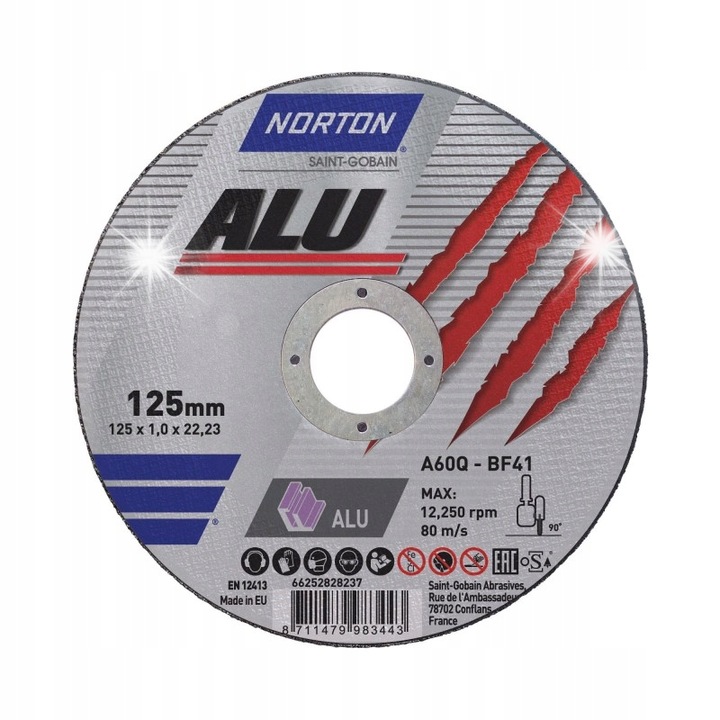 Norton ALU vágókorong alumíniumhoz és színesfémekhez, 125 x 1,0 mm, O 22,23 mm, Szürke, 25 db