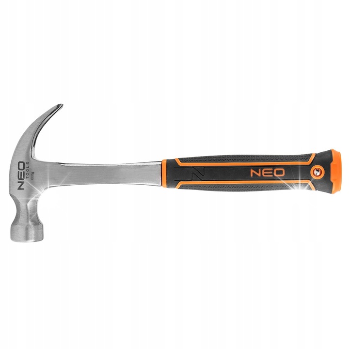 Дърводелски чук NEO TOOLS 25-104, 600 г, монолитна стоманена конструкция, индуктивно закалена и лазерно шлифована глава, двукомпонентна противоплъзгаща дръжка, черен/оранжев, 1 бр.