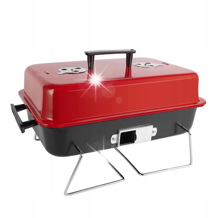 Gratar portabil / grill de camping pe carbuni cu capac, picioare pliabile si manere, rosu/negru
