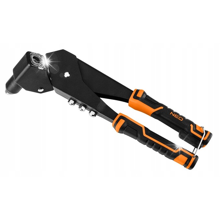 NEO TOOLS 18-102-1 kézi szegecselő acél és alumínium szegecsekhez 2,4/3,2/4,0/4,8 mm, alumínium test, 360°-ban forgatható fej, 4 cserélhető fúvóka, fekete/narancs, 1 db