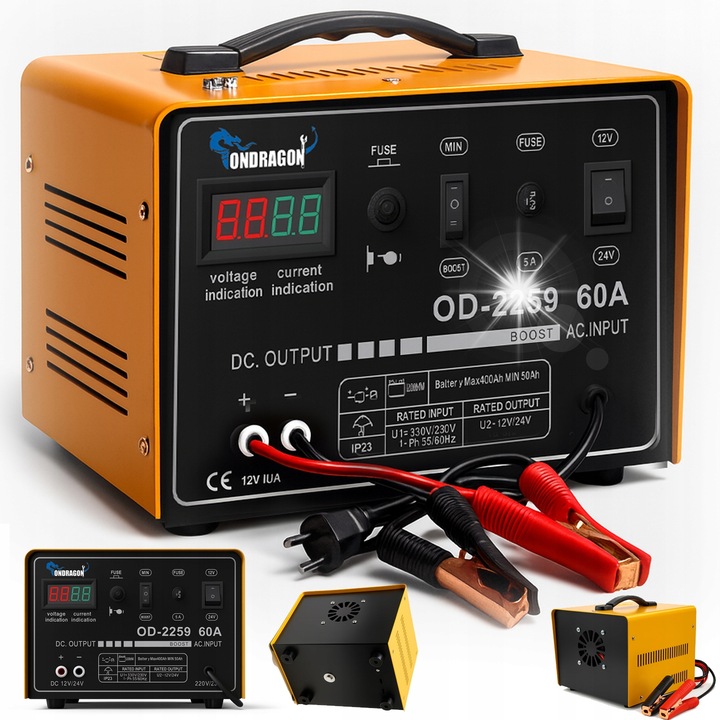 Зарядно устройство за акумулатор Ondragon OD-2259, 60A, 12/24V, за акумулатори 30-350Ah, с функция за стартиране и цифров дисплей, жълто