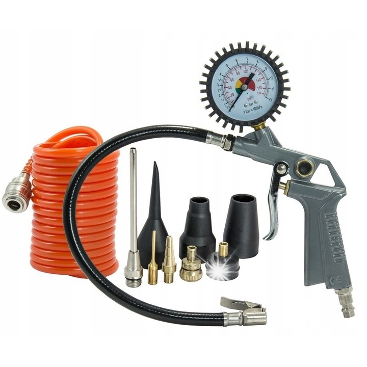 Pansam A532008 fúvópisztoly/pumpa, 60 mm-es analóg nyomásmérővel, alumínium, 100 mm-es fúvóka, 3 m spiráltömlő, narancssárga/szürke, 8 részes készlet
