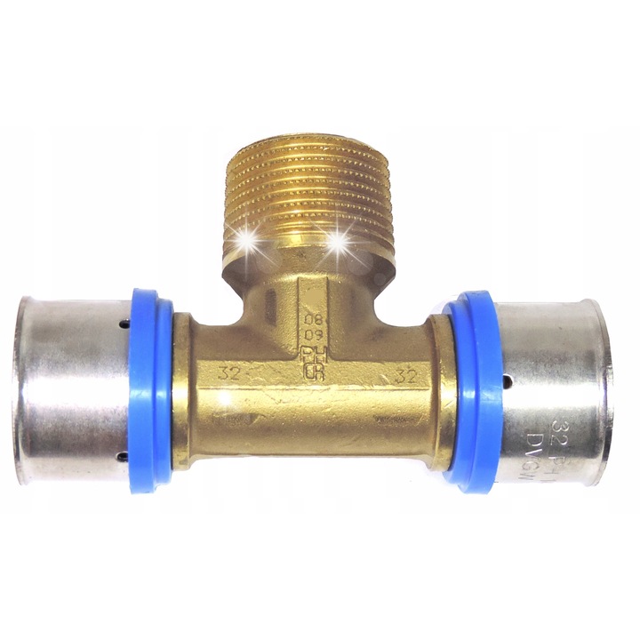 Trojnik zaprasowywany z gwintem, Pipelife Radopress 1533000108, 32 mm x 3/4'' x 32 mm, zaciskowy U TH, kompatybilny z rurami PE-X/Alupex, mosiezny