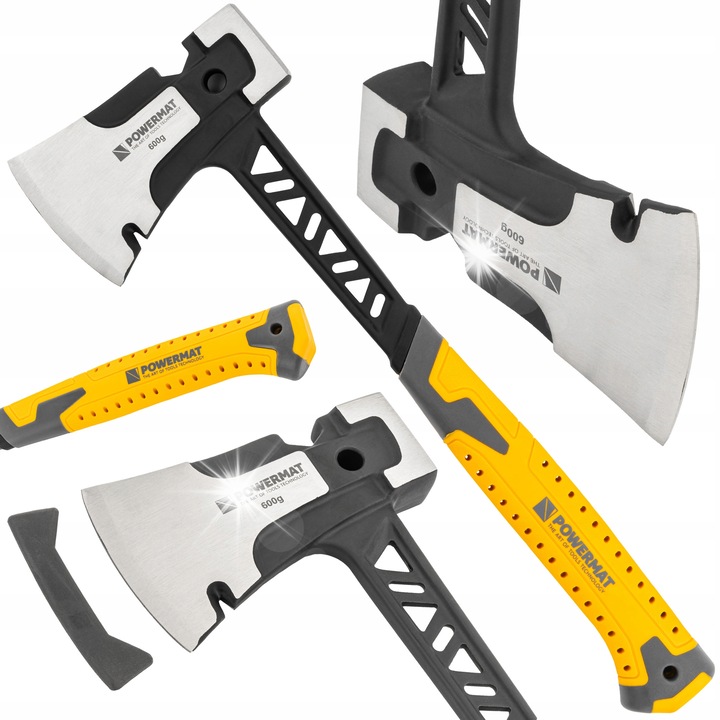Powermat PM-AX-600-910T ácsbalta, 3 az 1-ben (balta, kalapács, 17 mm-es kulcs), edzett acél monoblokk, szegkihúzóval és csúszásmentes Soft-Grip markolattal, sárga/fekete, 910 g