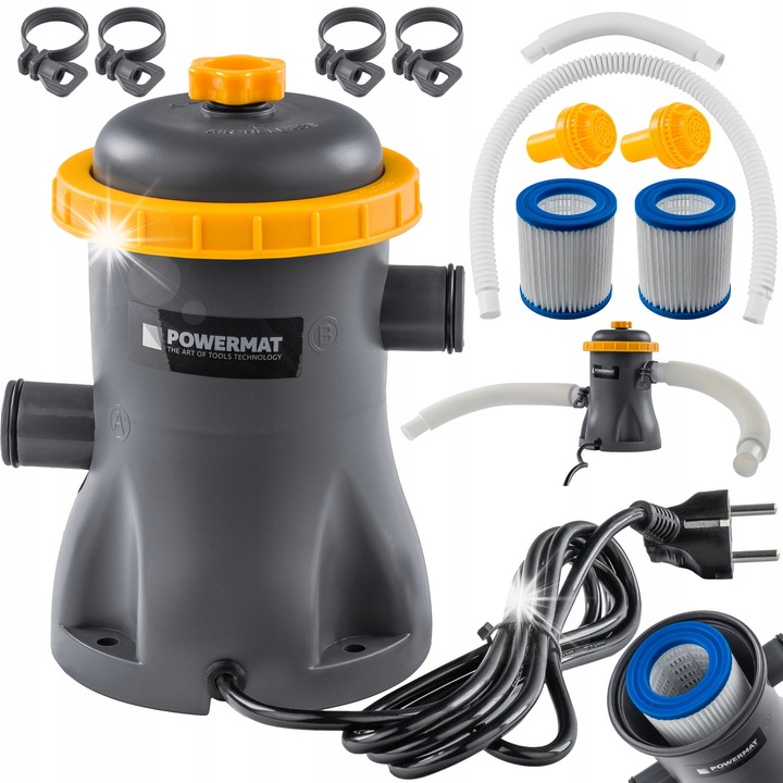 Pompa filtrare apa piscina Powermat 1250l/h 16W IPX8 32mm set filtre si tevi