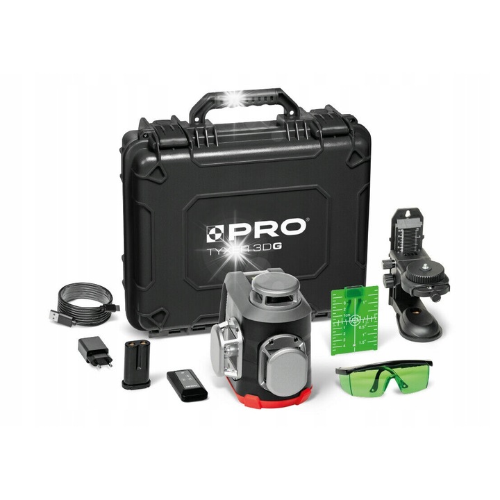 Lézeres multilineáris/szintező lézer Pro TYXER 3DG 3x360°, zöld fénysugárral, mágneses ingás önszintezéssel, IP54, 30m/50m detektorral, fekete/szürke, 1 db