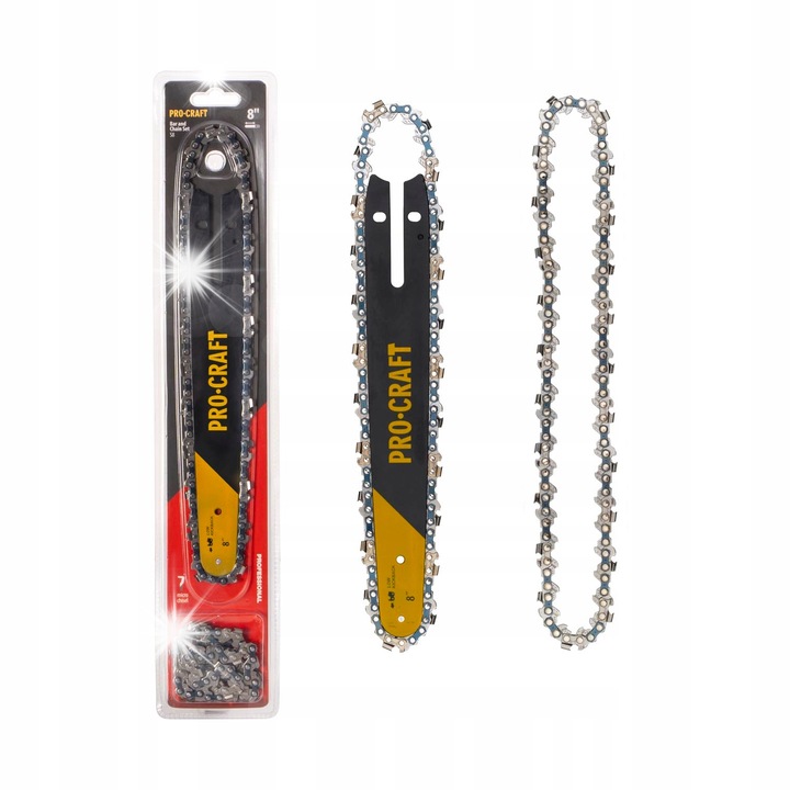 Procraft S8 láncfűrészlap és 2 lánc készlet, 8'' (200 mm), 1/4'' láncosztás, 1.1 mm szélesség, 46 szem, fekete/sárga