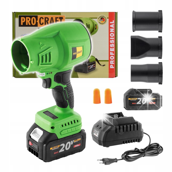 Akkumulátoros fúvó/pumpa Procraft PB18 20V 3,0Ah, 3 fúvóka, LED, légáram 372 m³/h, sebesség 164 km/h, zöld/fekete, 1 db