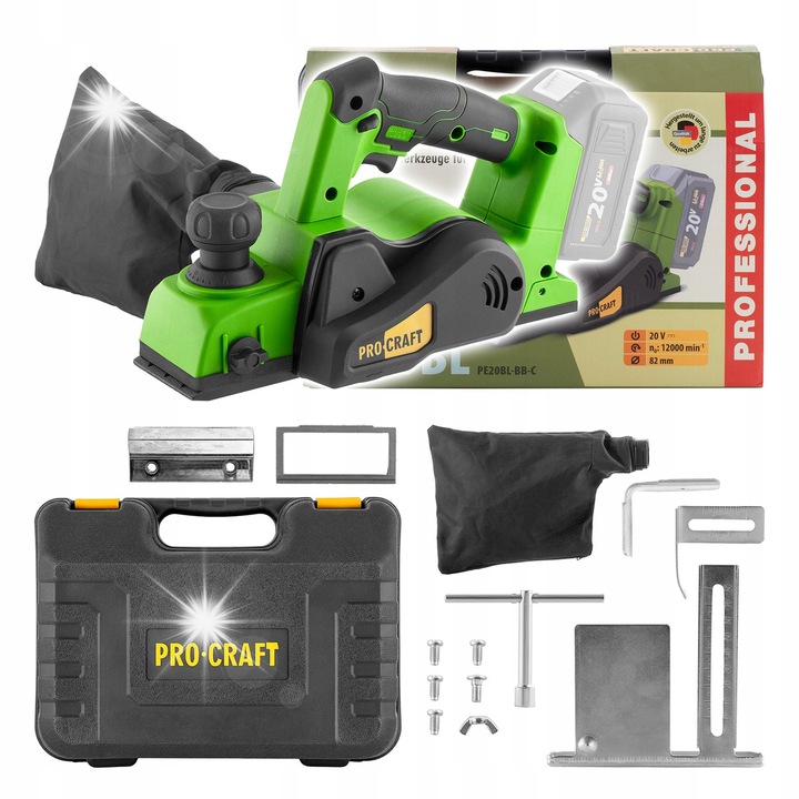 Procraft PE20BL elektromos gyalu, kefe nélküli motor, 82 mm gyalulási szélesség, 0–2 mm mélységállítás, 20V, kofferrel, zöld-fekete, 1 db