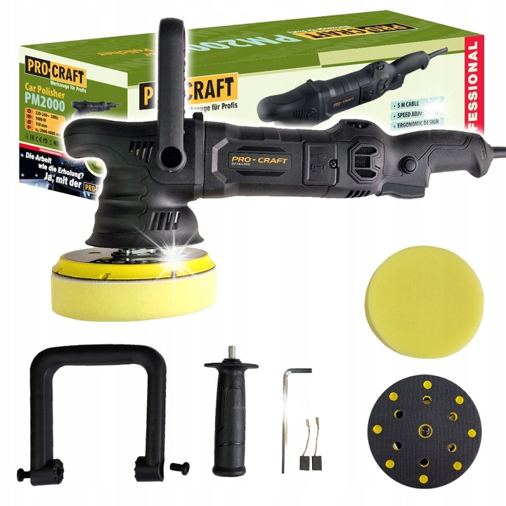 Procraft PM2000 orbitális autópolírozó gép, 1000 W, fordulatszám-szabályozás, 150 mm tárcsaátmérő, M14 menet, fekete, 1 db