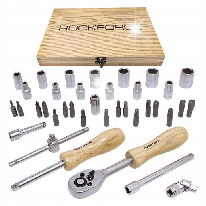 Rockforce 1/4" dugókulcs készlet, króm-vanádium acél, fa tokkal, ezüst/fa, 38 darab
