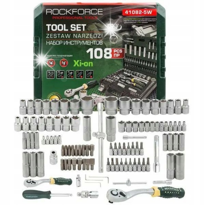 Rockforce 41082-5W szerszámkészlet, 108 darab, Cr-V, 4-32mm, 1/4" 1/2"