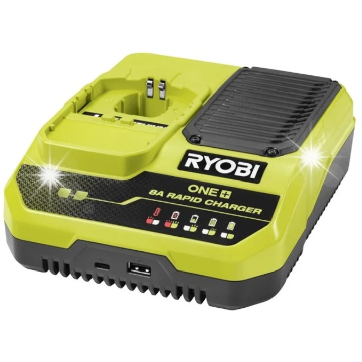 Incarcator rapid Ryobi RC18180, 18V 8,0 A, pentru baterii ONE+, incarcare 1 baterie 8,0 Ah in 1h, USB-C/USB-A, Verde, 1 buc