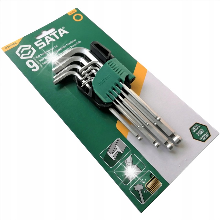 Set 9 chei imbus SATA ST09105ASJ, metrice 1.5-10 mm, cu bila (ball-end) si din otel CrV forjat, in suport compozit, argintiu/verde