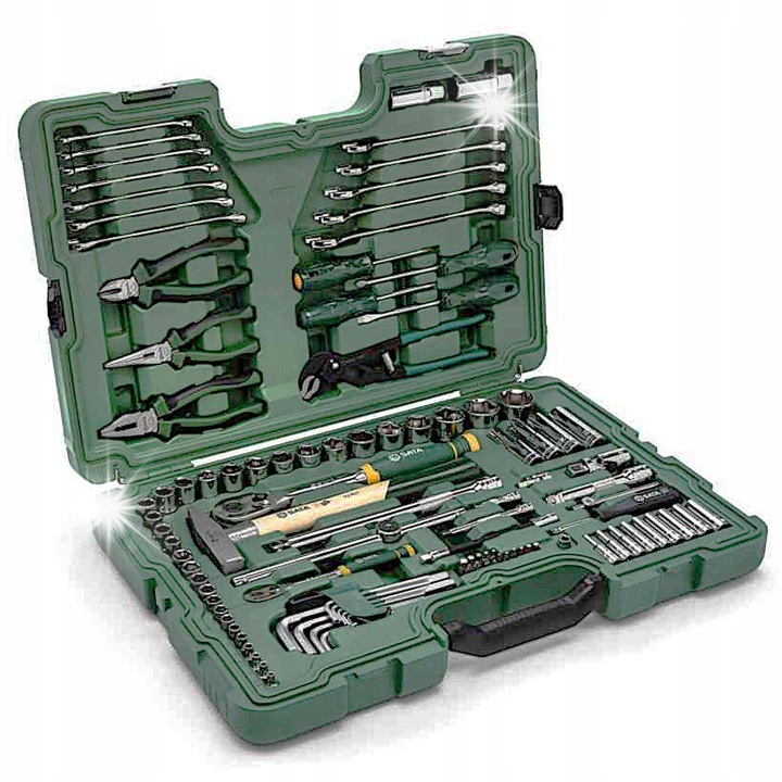 Set chei tubulare SATA ST09547G, set de socluri 104 piese, metrice 1/4"/1/2", otel Cr-V, cu cliqueta 72 dinti si accesorii, Verde