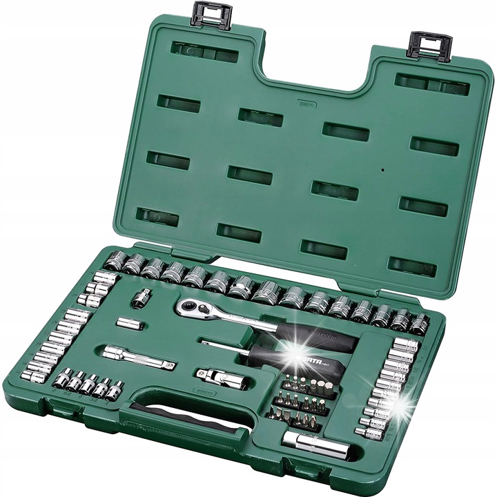Set de chei tubulare SATA 09011, metrice si imperiale 1/4''/3/8'', cu biti, cutie si accesorii, verde, 65 piese