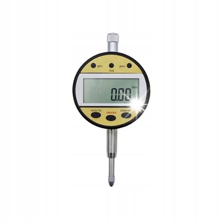 Digitális mérőóra PROTESTER 5307-25, digitális mérőműszer, mérési tartomány 0-25.4 mm, felbontás 0.01 mm, pontosság ±0.03%, LCD kijelző, USB interfész, fekete/sárga, 119x55x26 mm